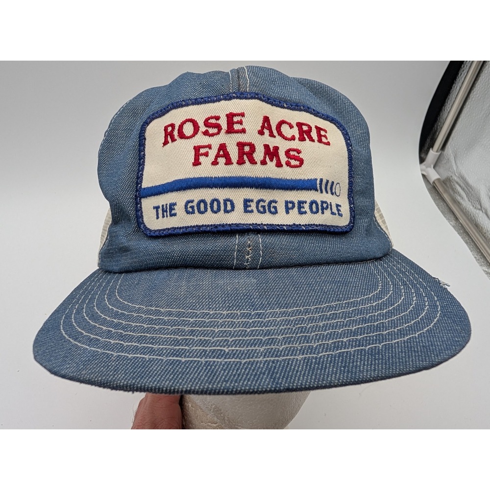Vintage Rose Acre Farms The Good Egg People Denim Trucker Hat Snapback Blue Mesh